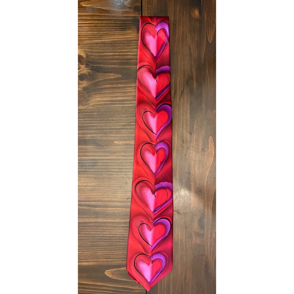 J. Garcia Men's Red Silk Woven Tie Exploding Heart Valentine Print Logo Coll 52